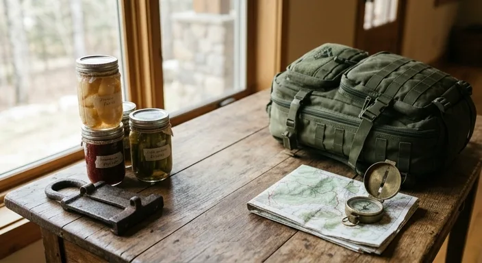 A comparison of survival gear showing canned food and a door bolt for hunkering down next to a tactical backpack and compass for bugging out.