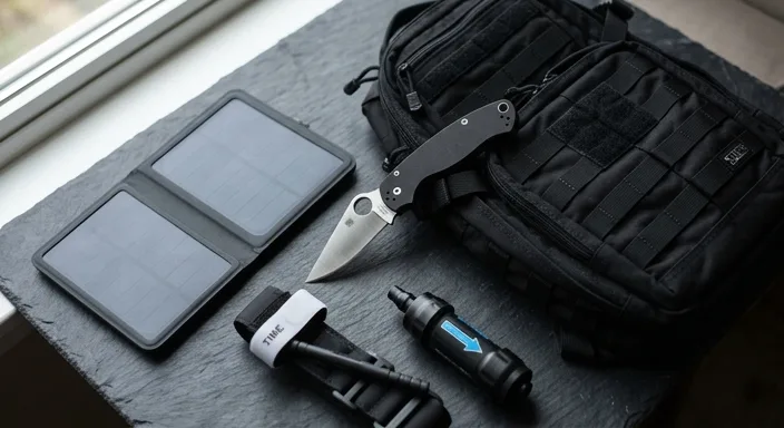 Top-down view of high-quality tactical survival gear including a modular backpack and essential tools on dark stone.
