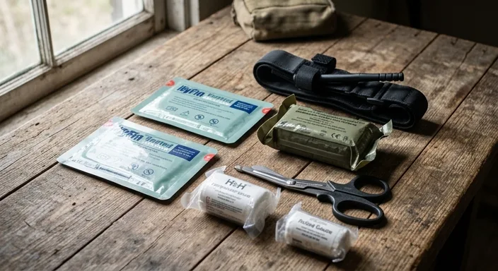 A tactical individual first aid kit spread across a wooden surface including a tourniquet, bandages, and trauma shears.
