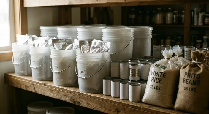 A well-organized pantry shelf featuring clear storage buckets with Mylar bags, stacked canned goods, and bulk bags of rice and beans.