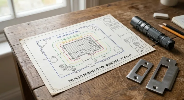 A professional architectural diagram of a home security layout on a wooden table, showing concentric perimeter defense layers.