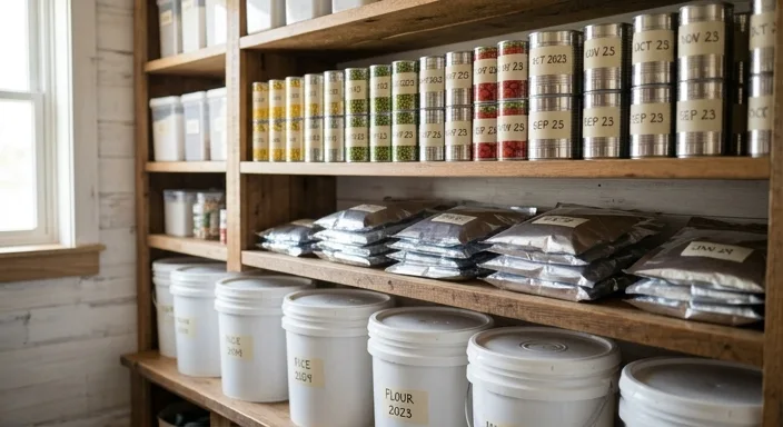 A well-organized pantry with canned goods on top shelves and white storage buckets and Mylar bags on lower shelves, all labeled with dates.