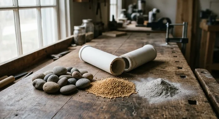 A physical scale comparison of a ceramic filter tube next to stones, seeds, and dust on a workbench.
