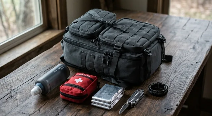 A high-quality tactical backpack and essential survival gear organized neatly on a dark wooden table.