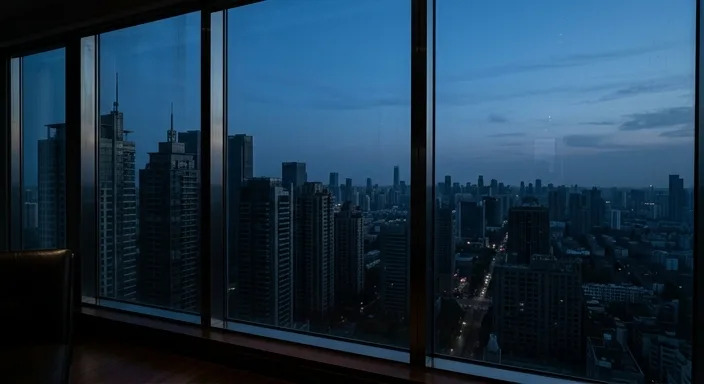 A modern city skyline at dusk viewed through a skyscraper window, with several buildings showing dark windows due to an urban power grid failure.